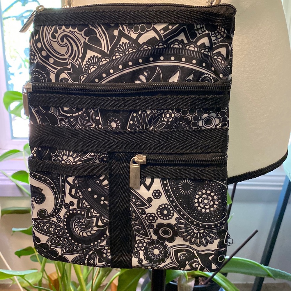 Donna Moore crossbody bag in black and white paisley.